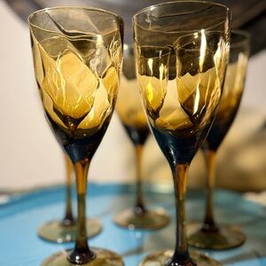 Vintage Amber Stemware Set of 5 | 1970s Ripple Wine Glasses